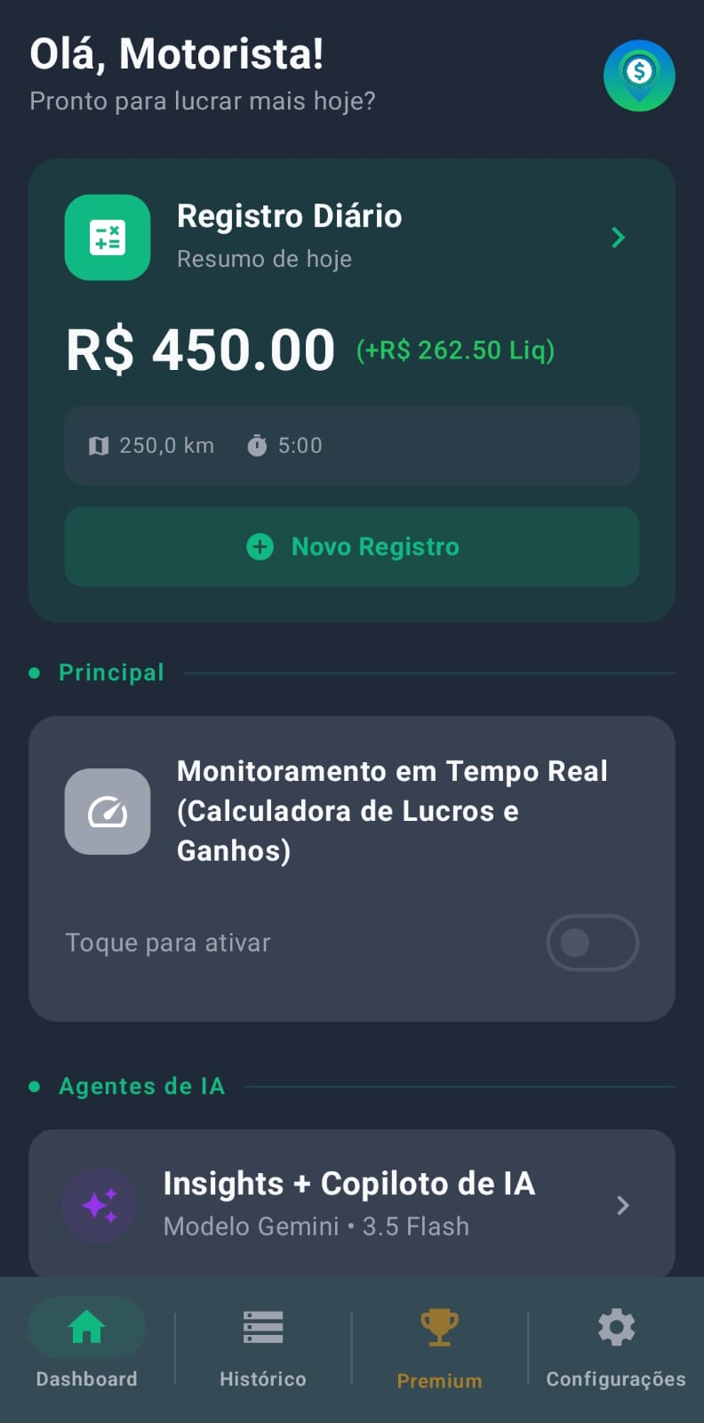 Tela real do app Ganho$Pro — registro diário e copiloto de IA