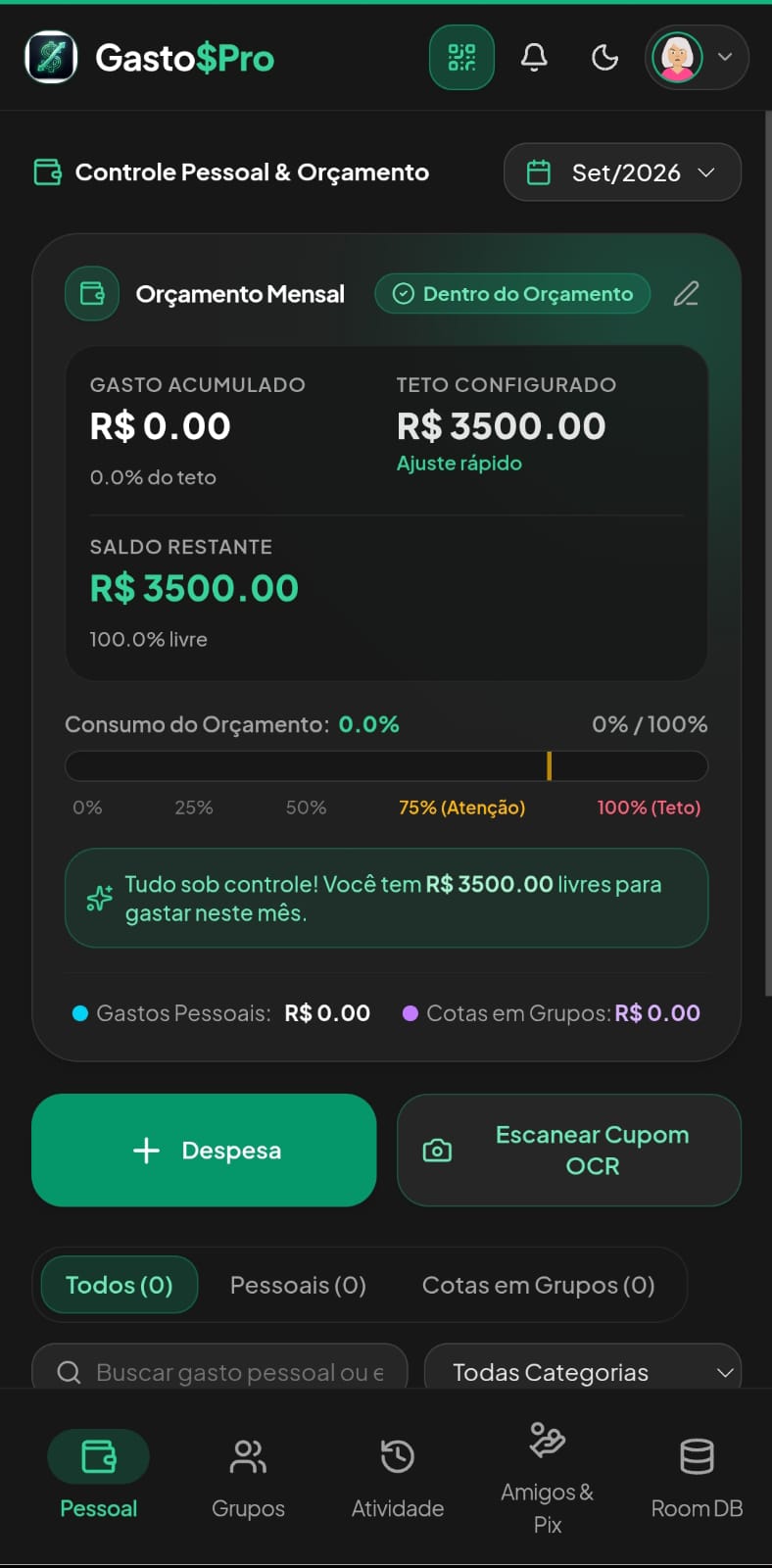 Tela real do app Gasto$Pro — controle pessoal e orçamento